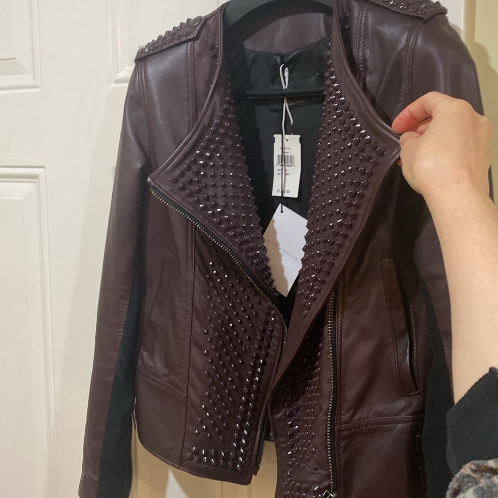 New with Tag Designer Nour Hammour Burgundy Studded Erin Leather Jacket - Picture 3 of 17